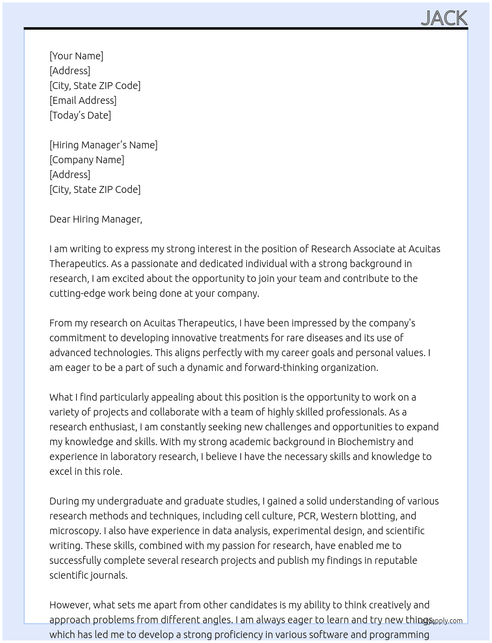 Research Associate At Acuitas Therapeutics Cover Letter