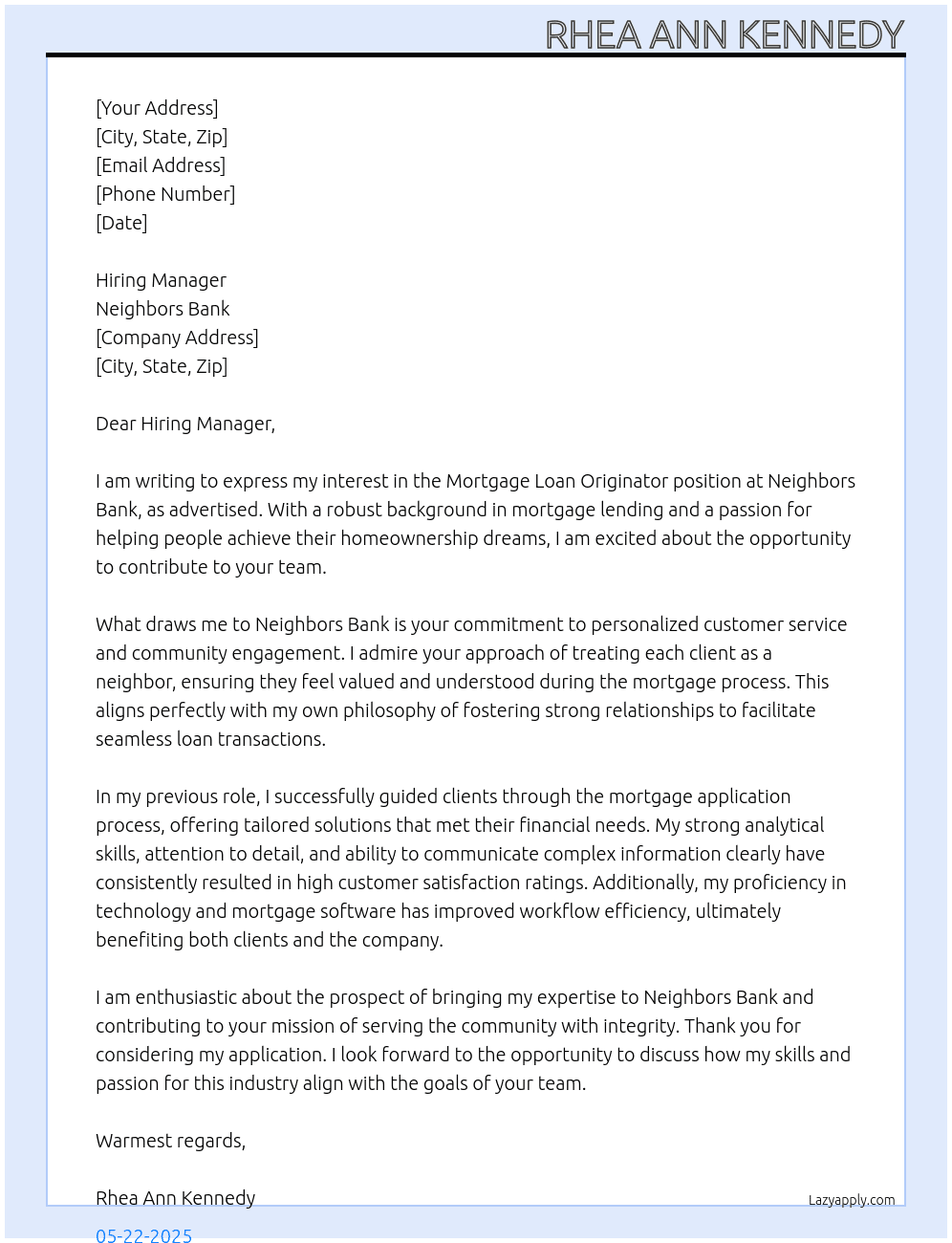 Mortgage Loan Originator At Neighbors Bank Cover Letter