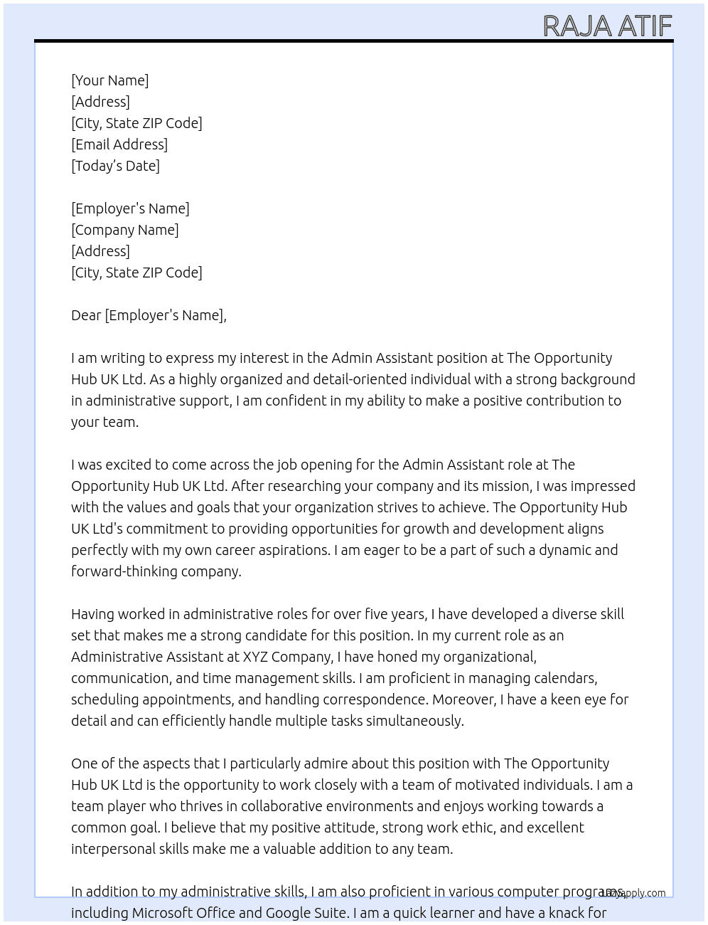 Admin Assistant At The Opportunity Hub UK Ltd Cover Letter
