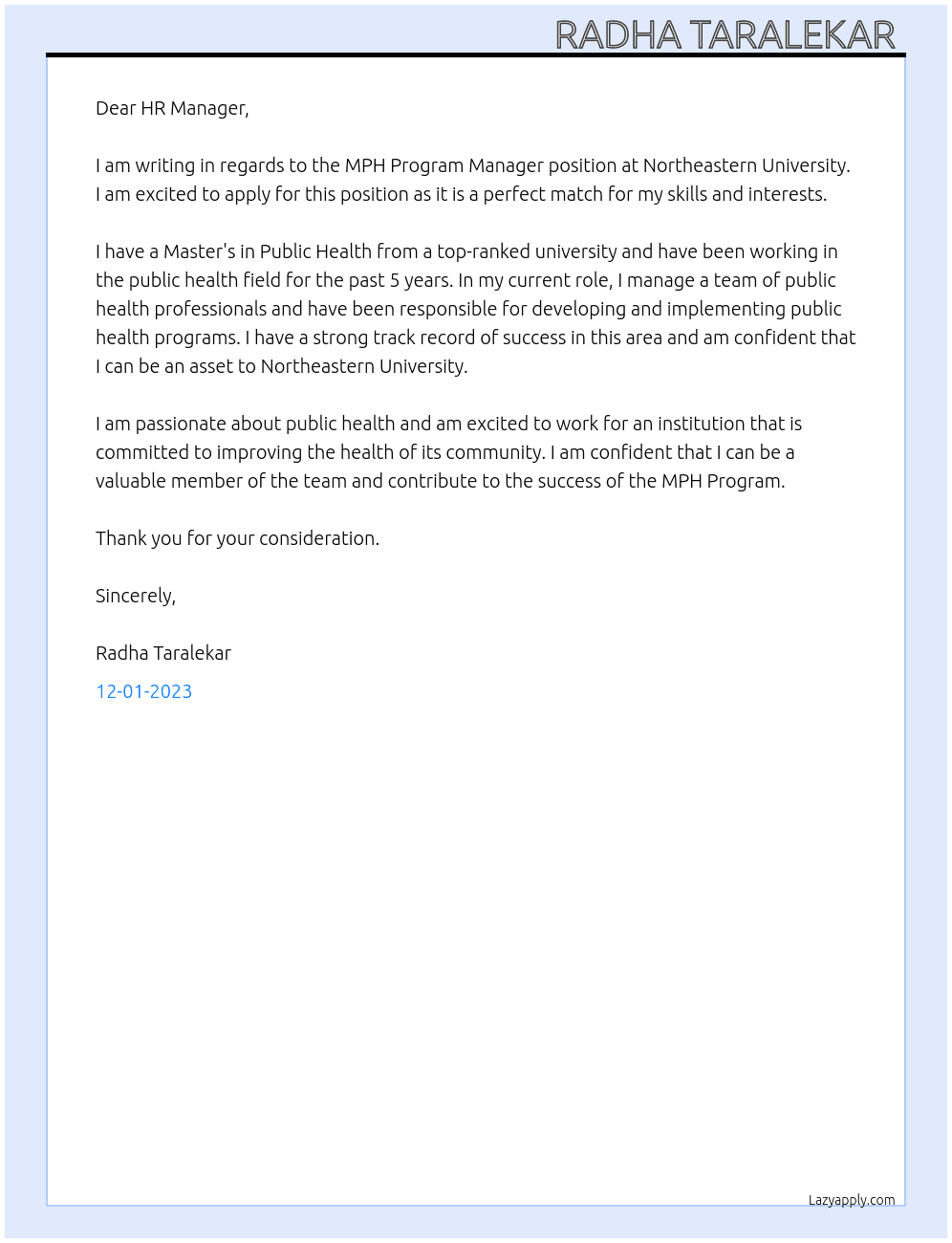 MPH Program manager  At Northeastern University  Cover Letter