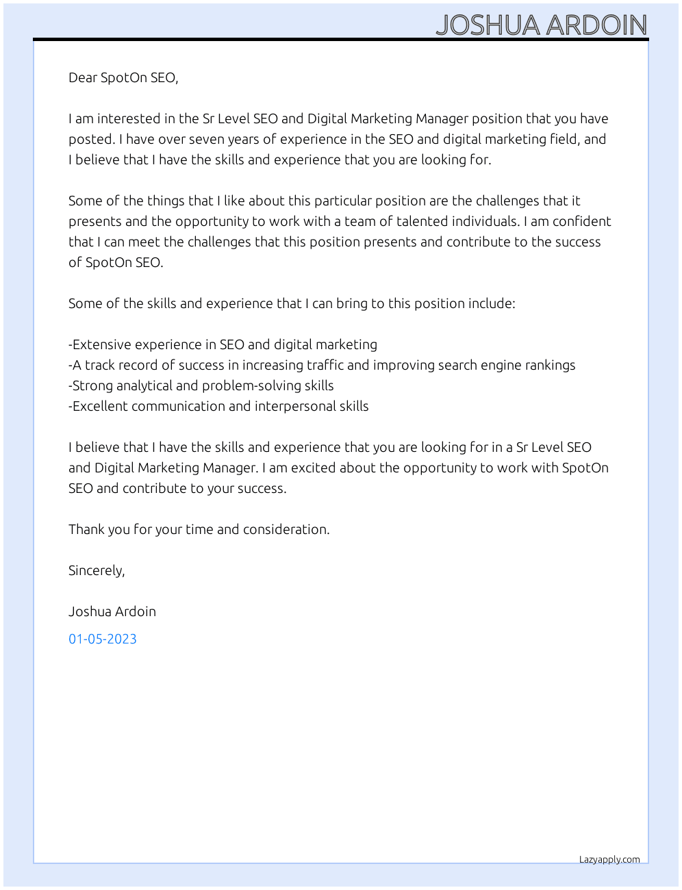 Sr Level SEO and Digital Marketing Manager At SpotOn SEO Cover Letter