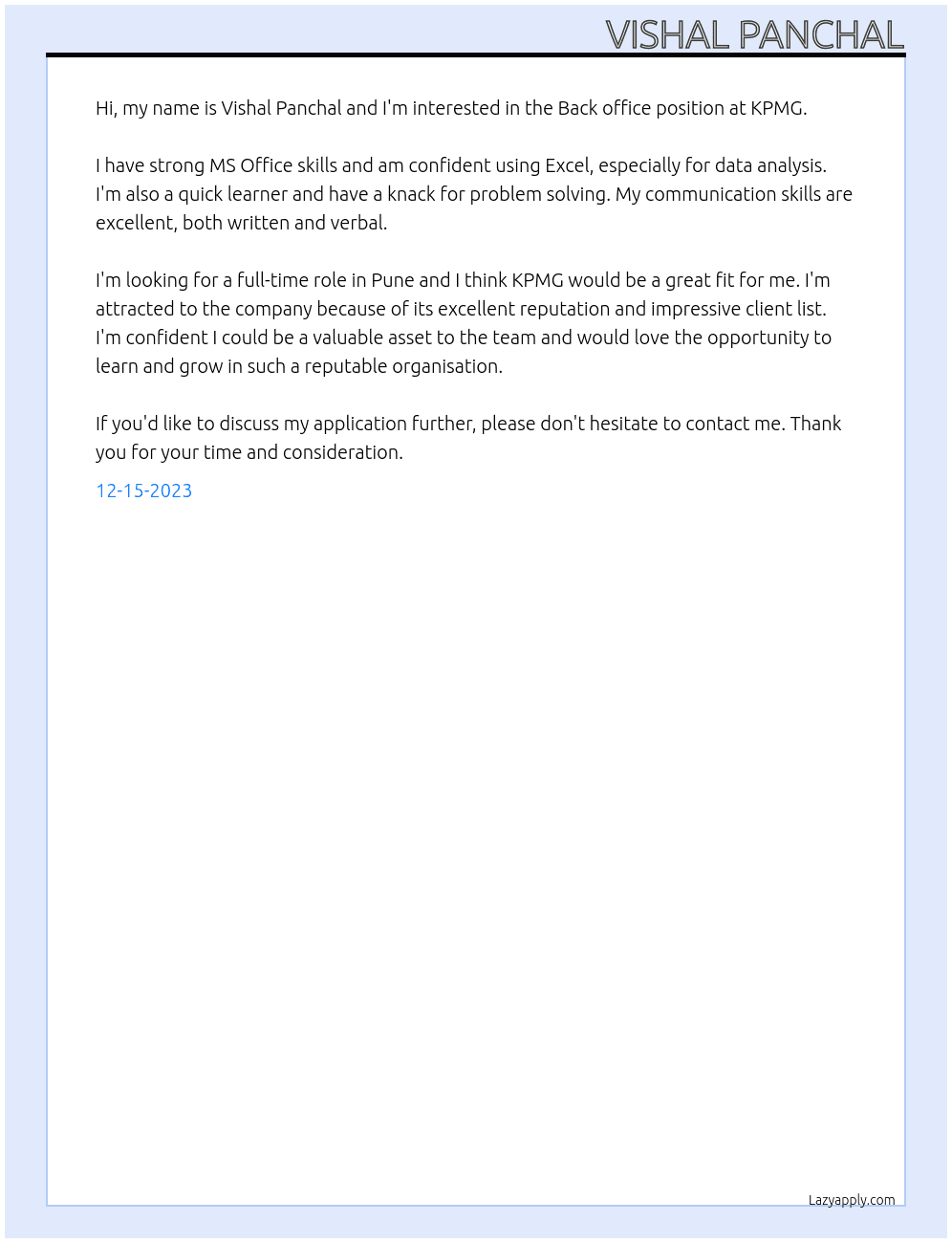 Back office At KPMG Cover Letter