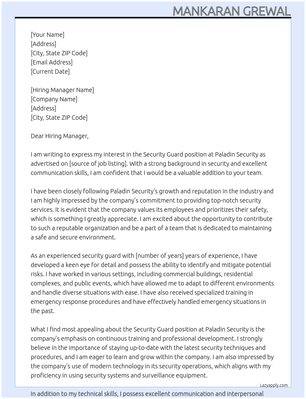 Security Guard At Paladin Security Cover Letter