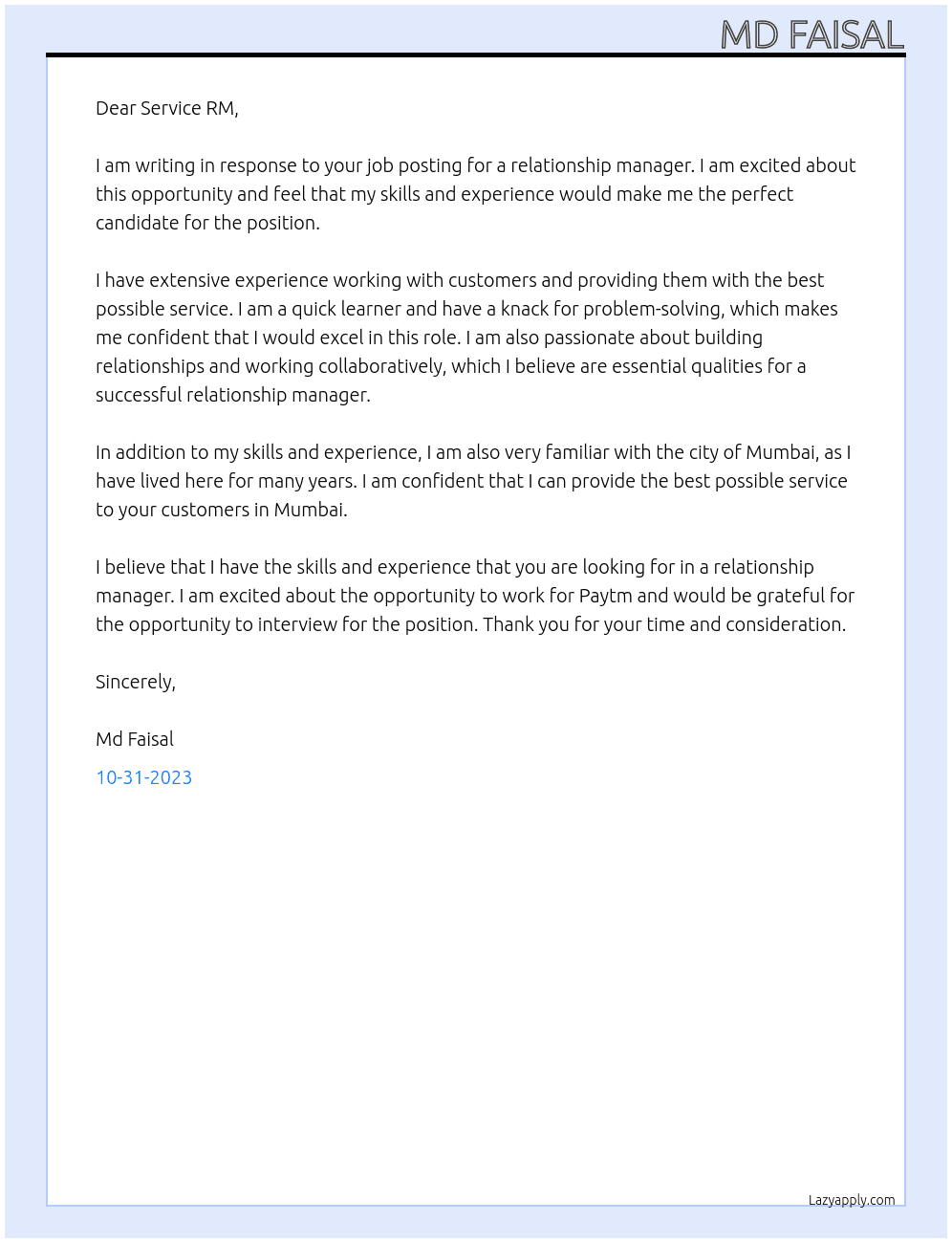 Relationship manager  At Paytm  Cover Letter