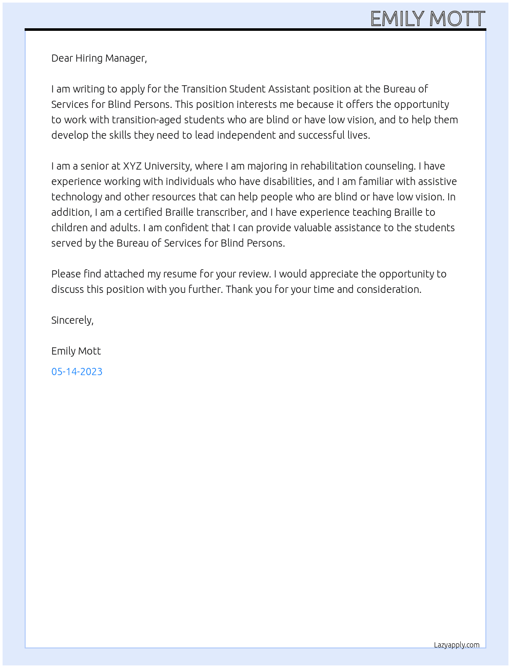 Transition Student Assistant At Bureau of Services for Blind Persons Cover Letter