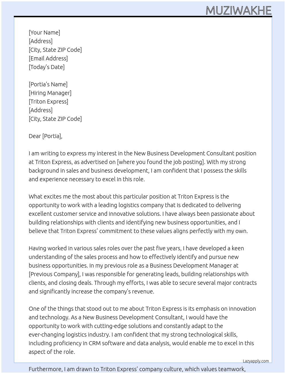 New Business Development Consultant At Triton Express Cover Letter