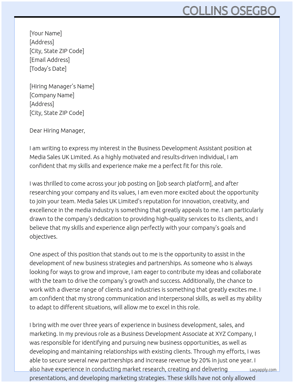  Business Development Assistant At Media Sales UK Limited  Cover Letter