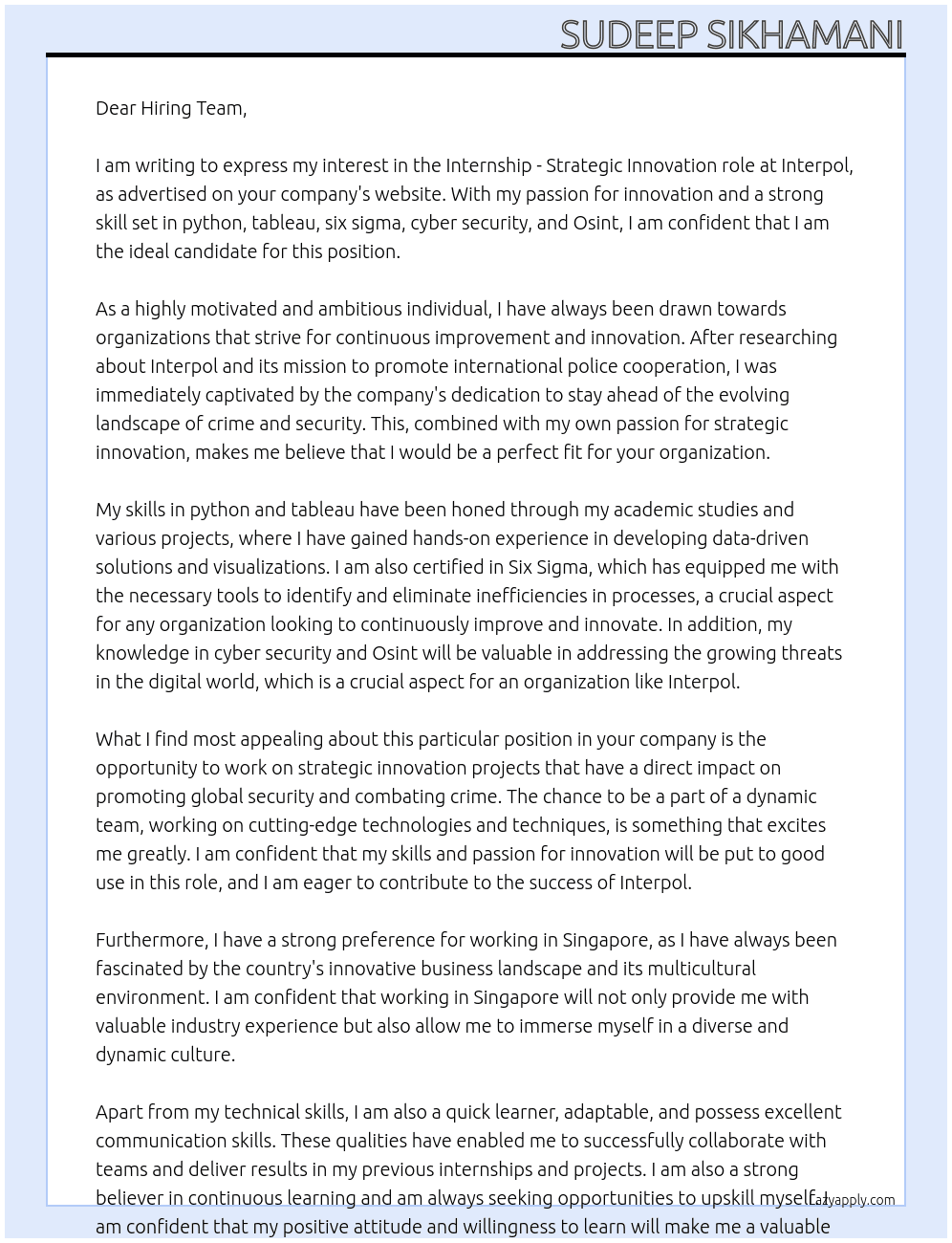 Internship - Strategic Innovation At Interpol  Cover Letter