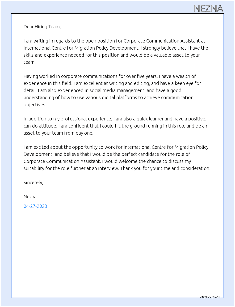 Corporate Communication Assistant At  International Centre for Migration Policy Development  Cover Letter
