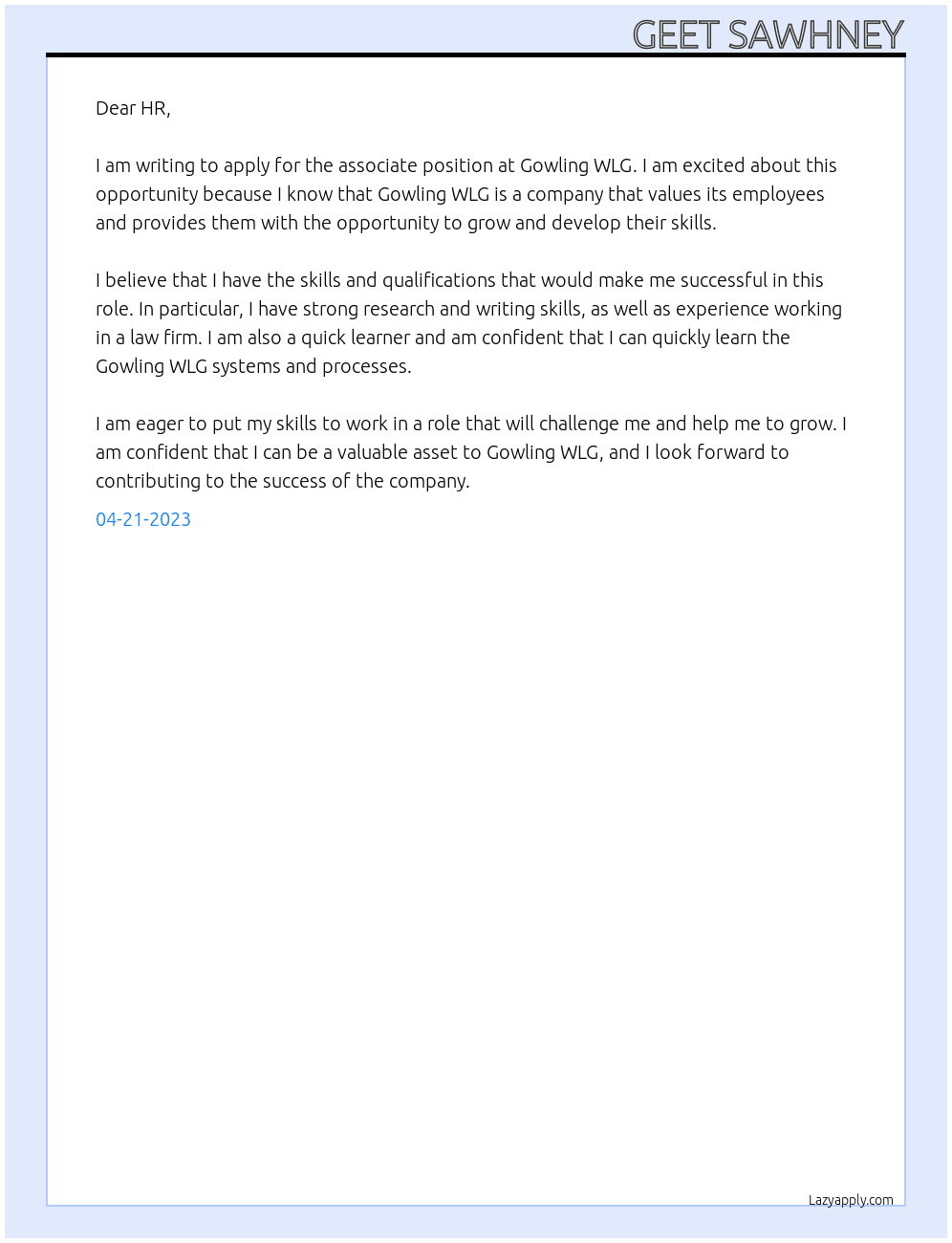 Associate At Gowling WLG Cover Letter