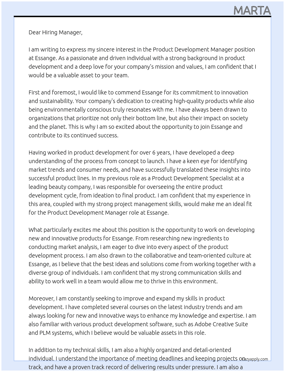 Product Development Manager At Essange Cover Letter