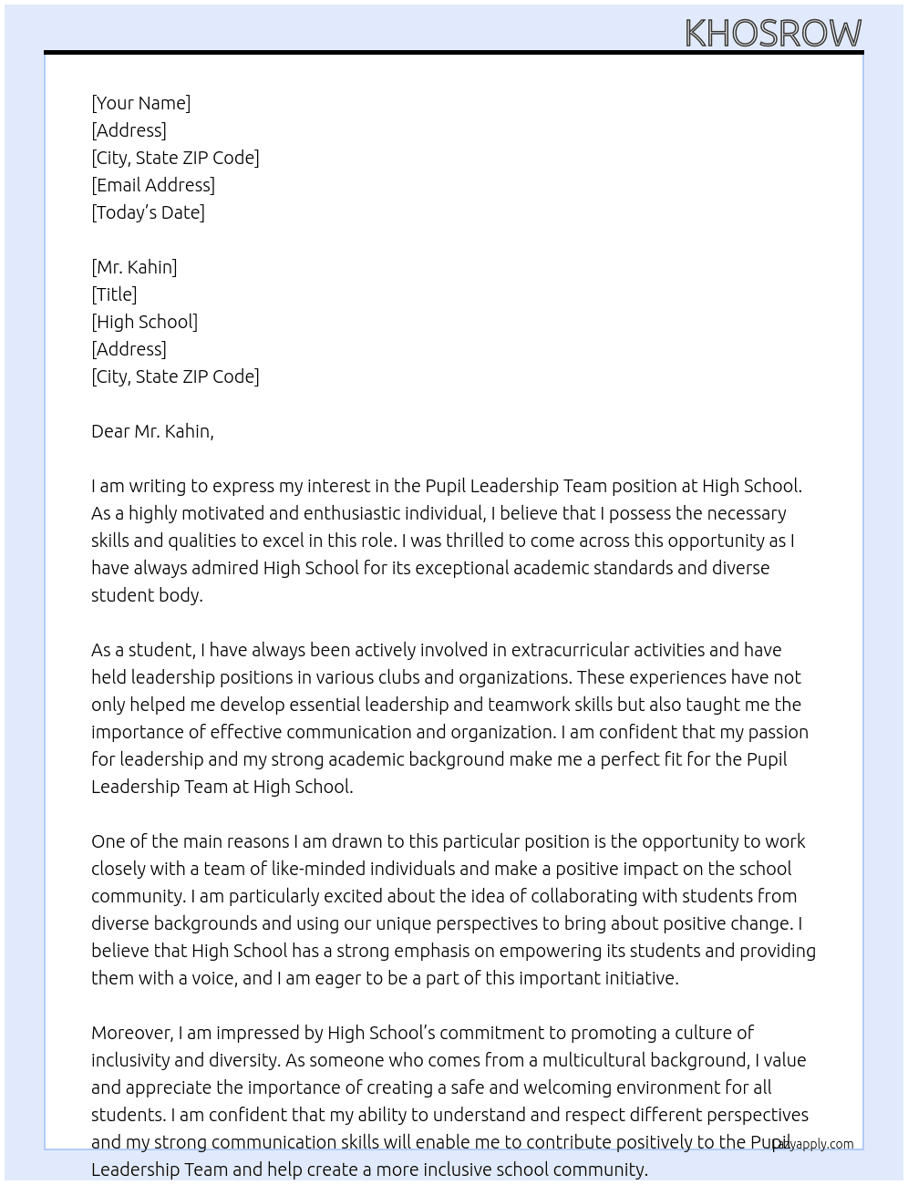 Pupil leadership tram At High School Cover Letter
