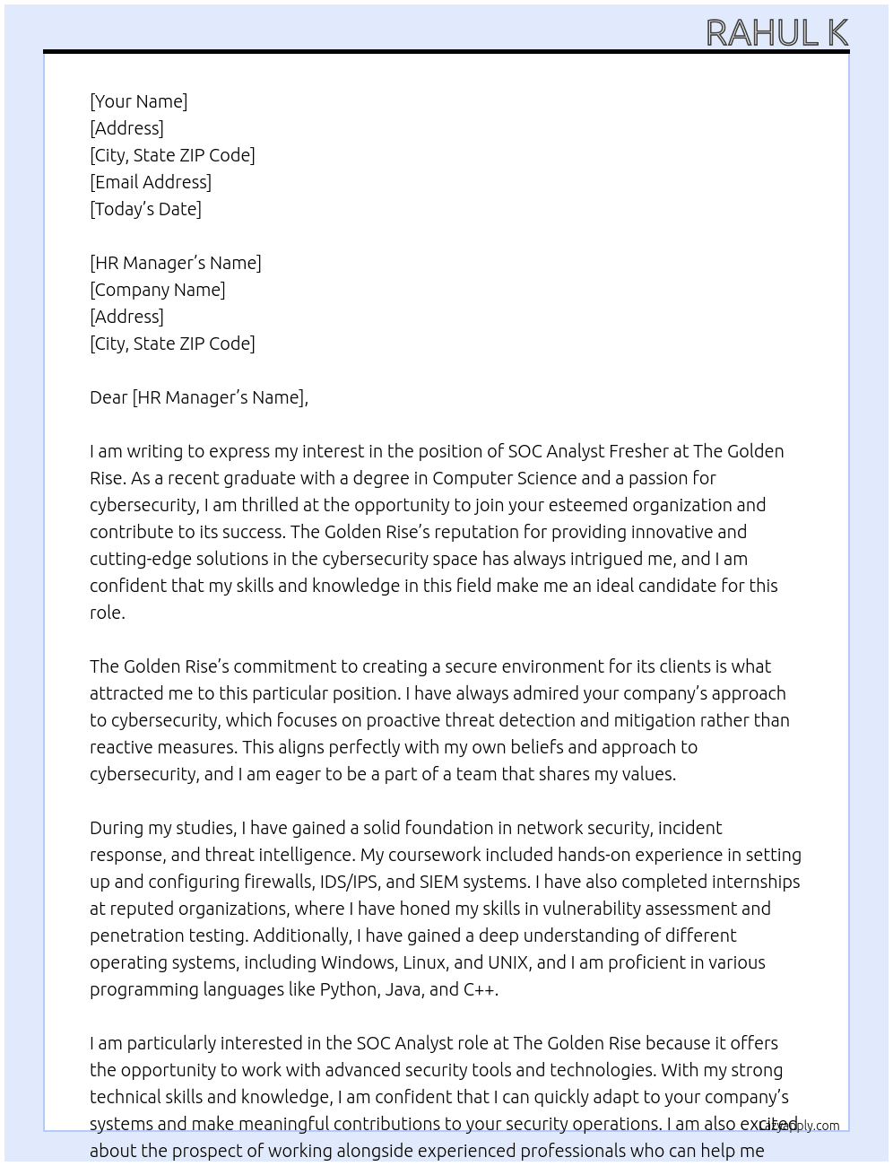 SOC Analyst Fresher At The Golden Rise Cover Letter
