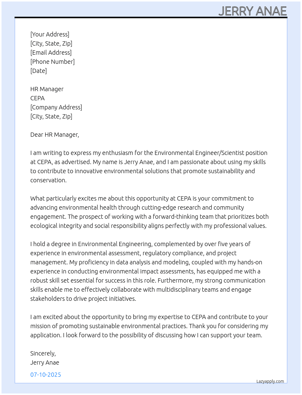 environmental engineer or scientist At cepa Cover Letter