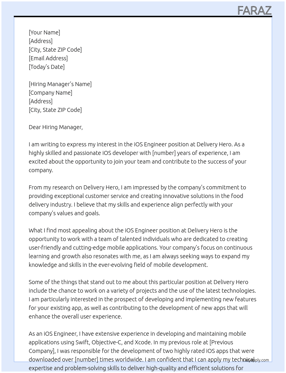 iOS Engineer At Delivery Hero Cover Letter