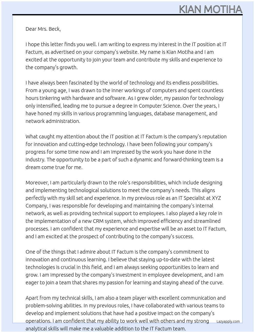 IT At it factum Cover Letter