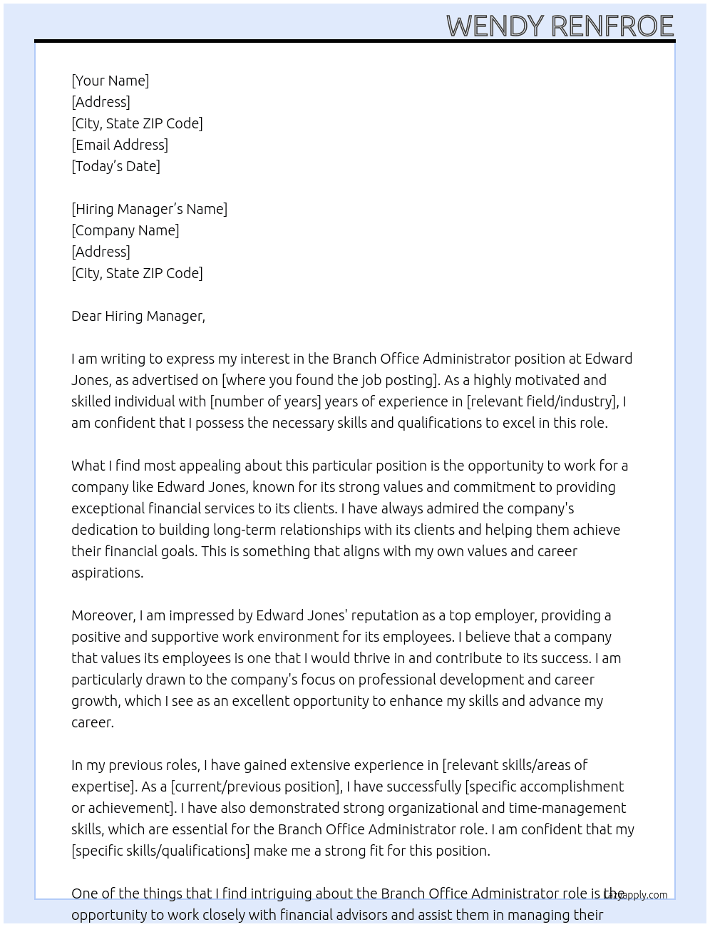Branch Office Administrator At Edward Jones Cover Letter