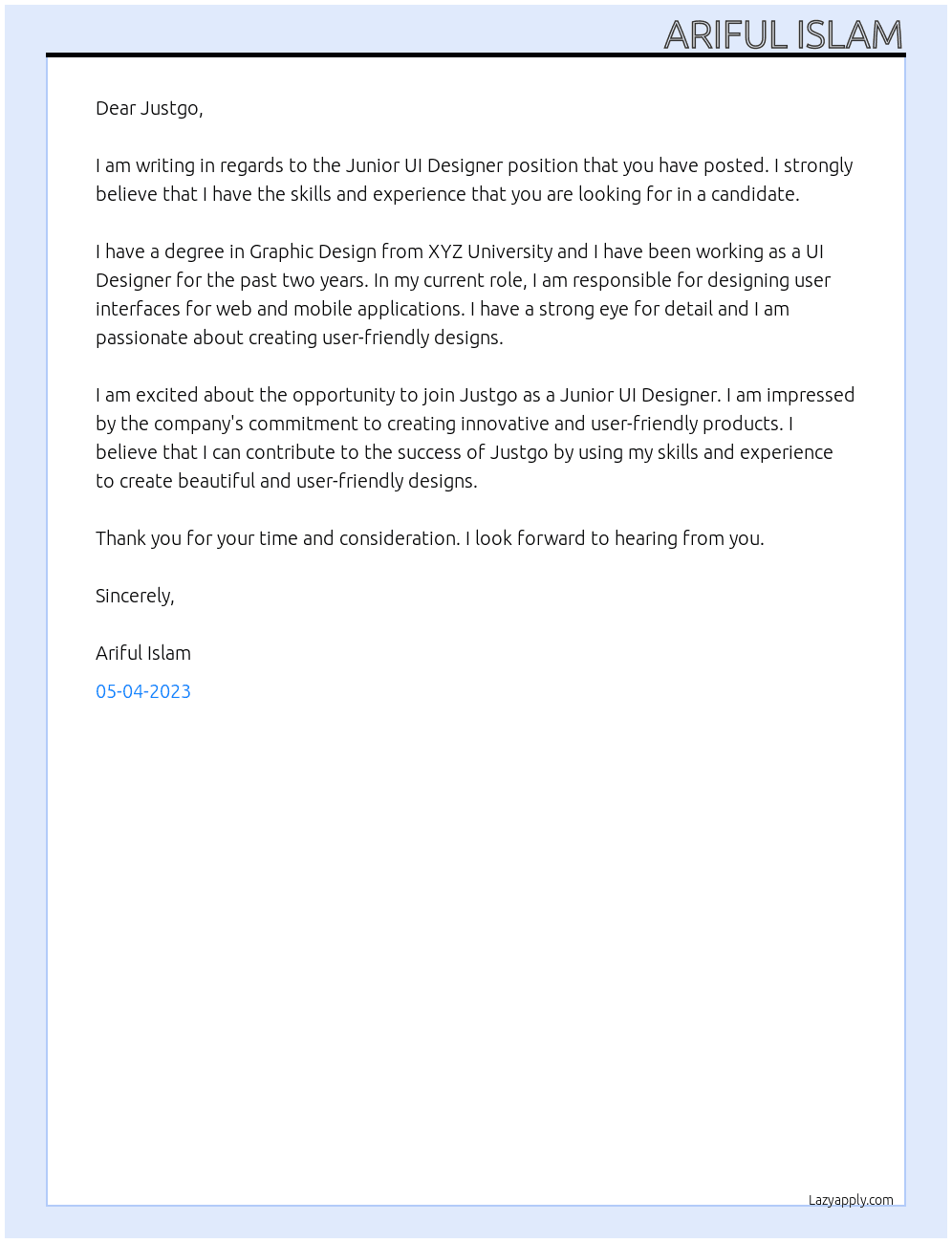 Junior UI Designer At Justgo Cover Letter