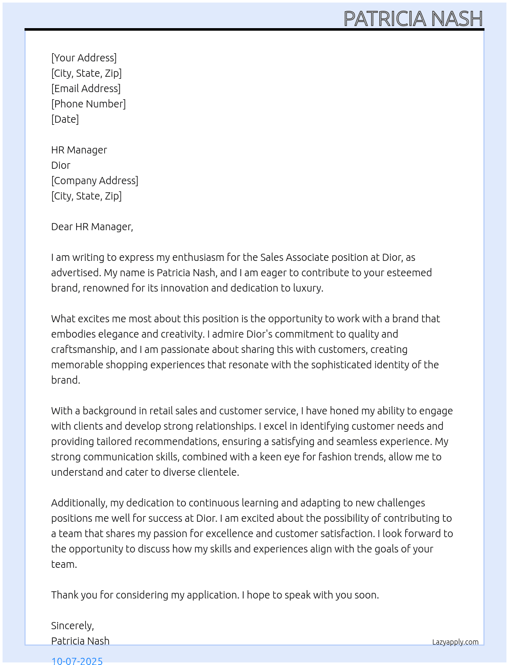 Sales Associate At Dior  Cover Letter