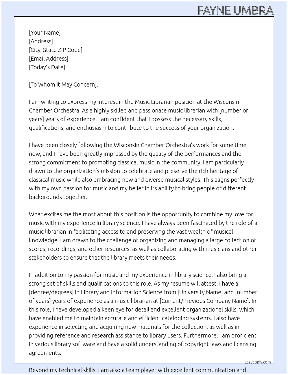 Music Librarian At Wisconsin Chamber Orchestra Cover Letter