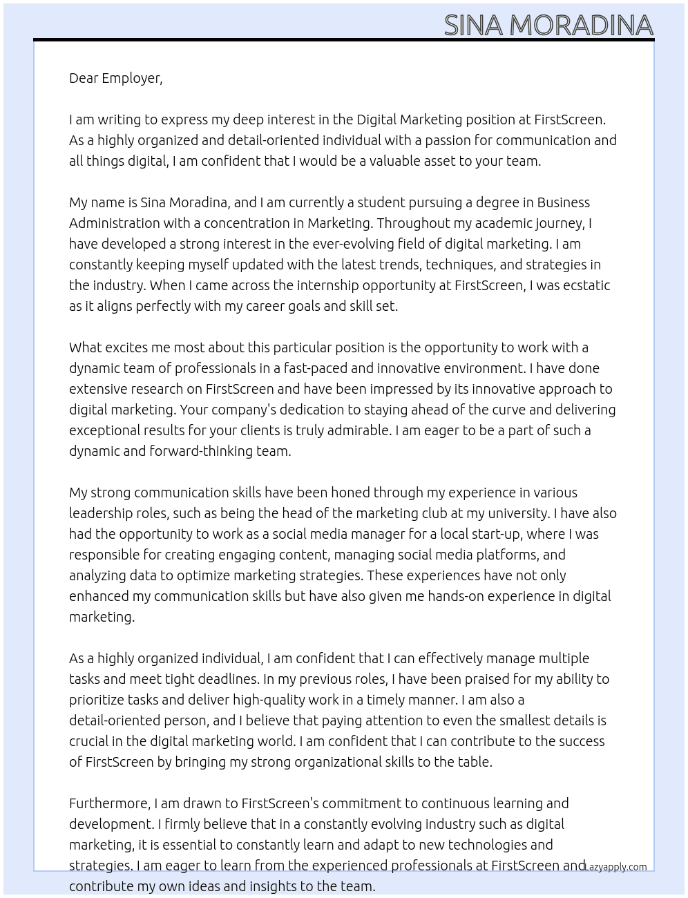 Digital Marketing At FirstScreen Cover Letter
