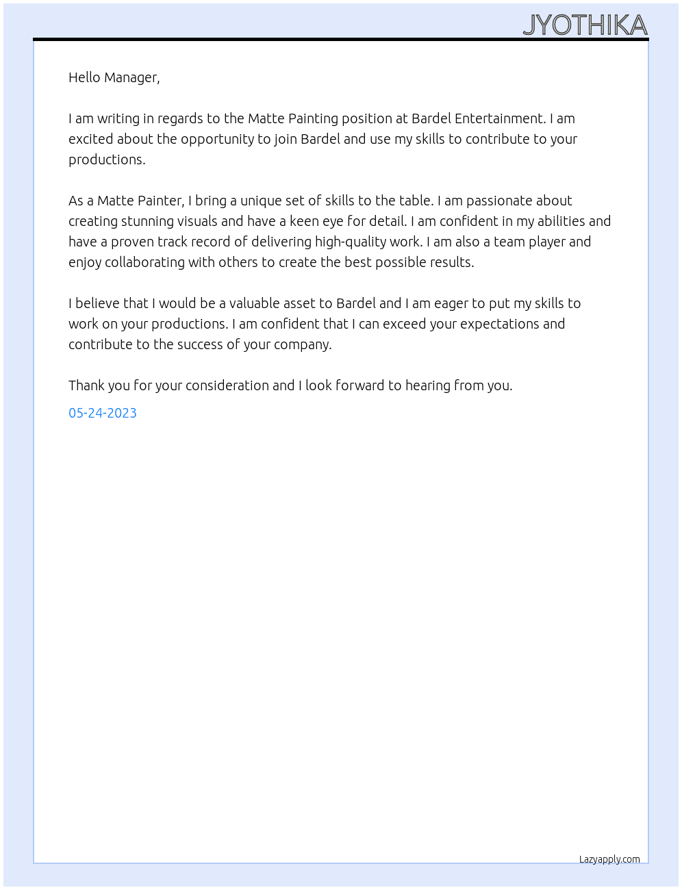 Matte painting  At Bardel Entertainment Cover Letter