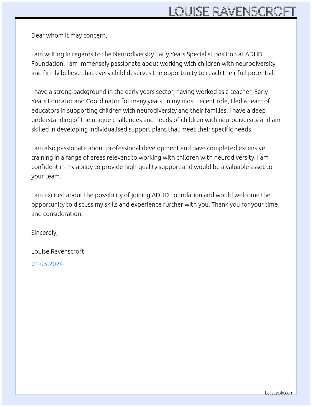 Neurodiversity Early Years Specialist At ADHD Foundation Cover Letter
