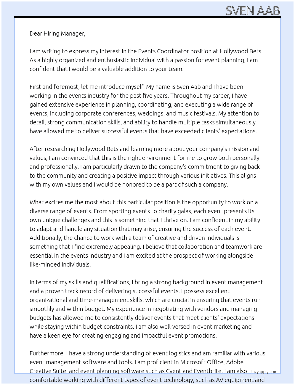 Events Coordinator At Hollywood Bets Cover Letter