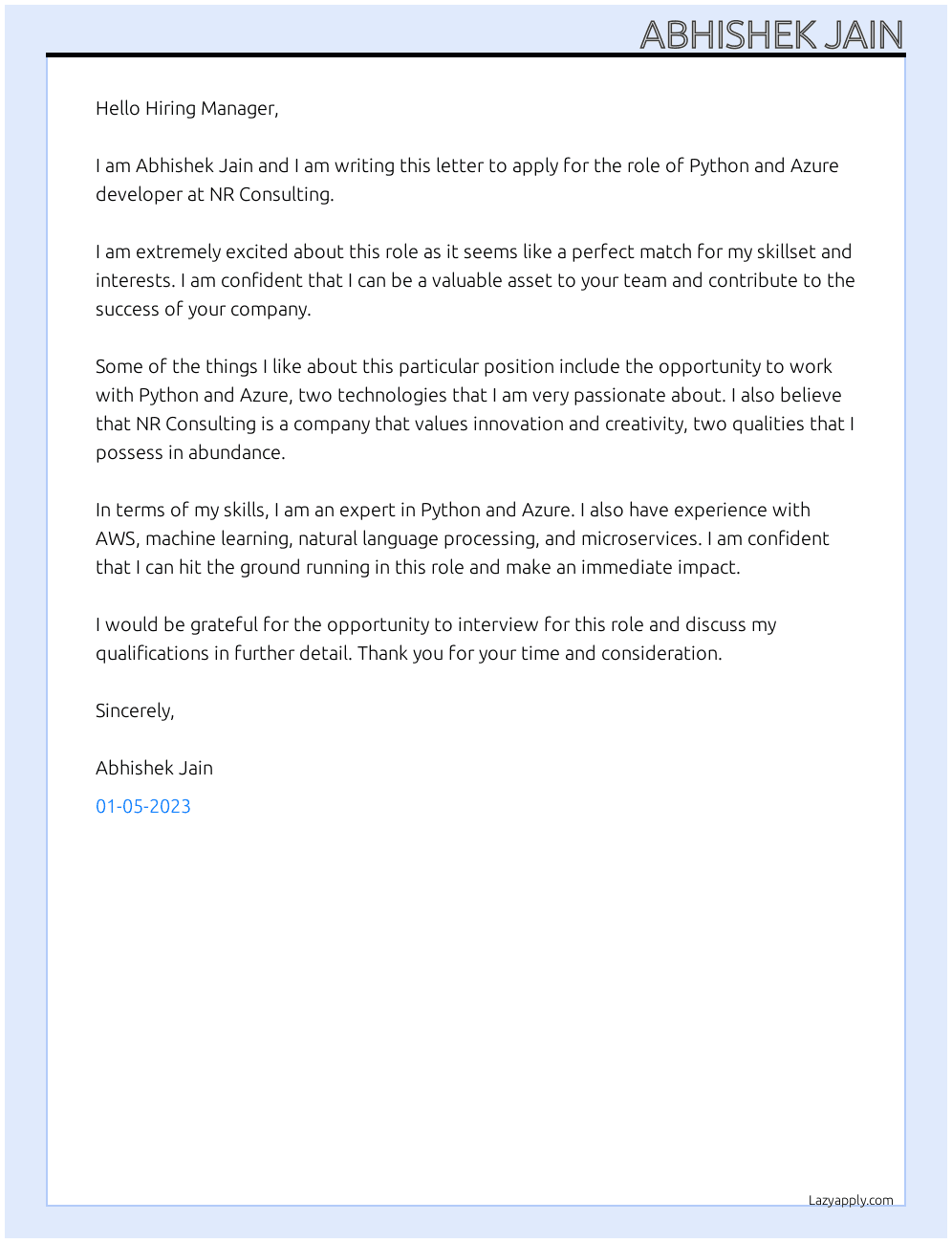 Cover letter for python and azure developer - LazyApply