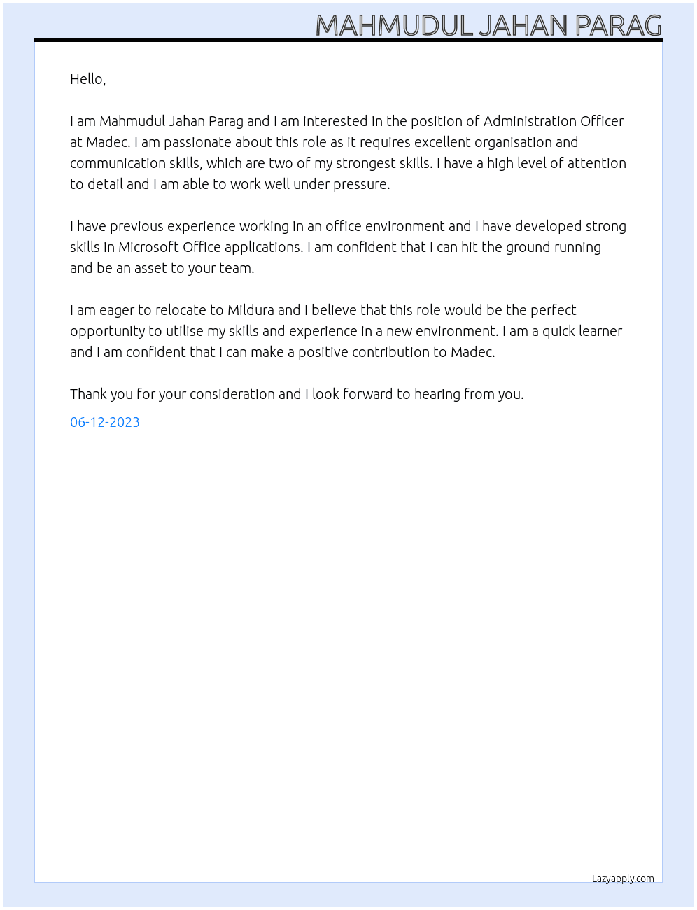 Administration and Office At Madec Cover Letter