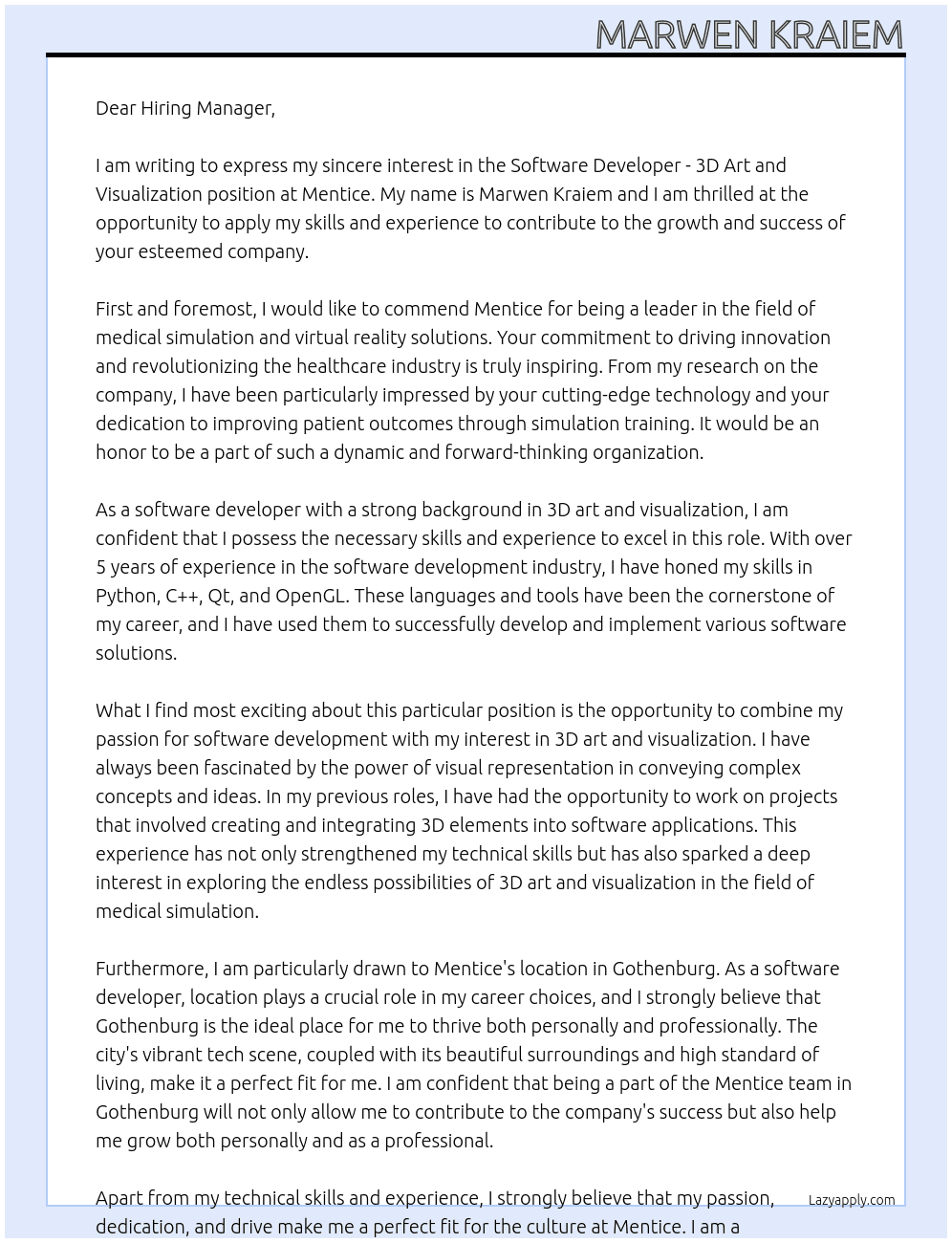 Software Developer - 3D art and visualization At Mentice Cover Letter