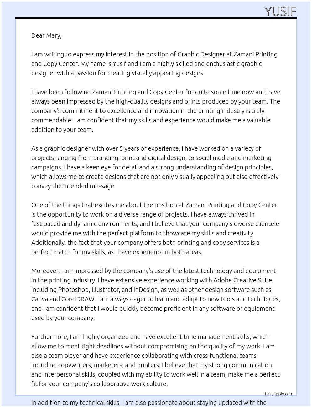 Graphic designer At Zamani Printing and Copy Center Cover Letter