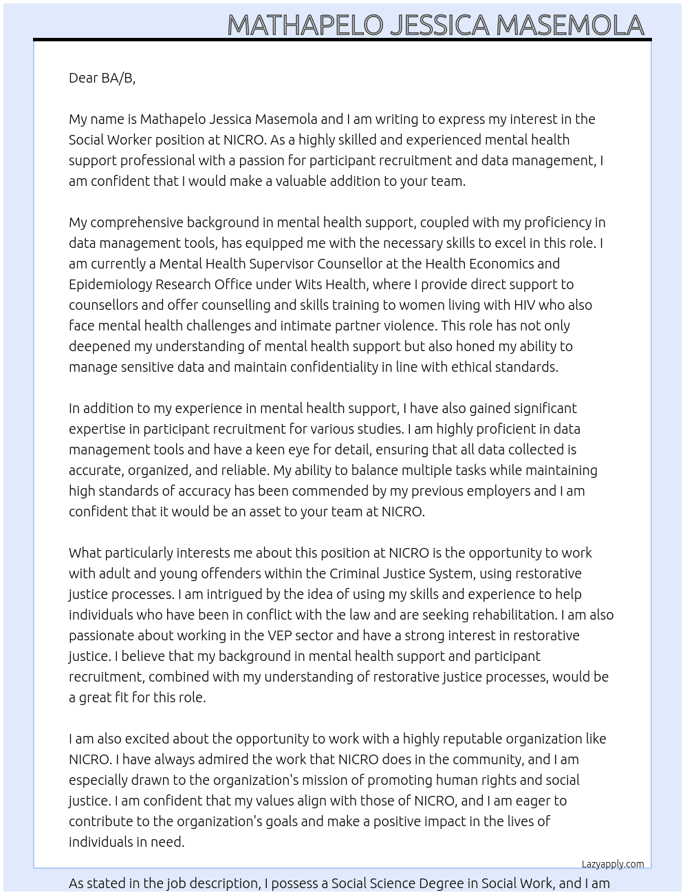 SOCIAL WORKER  At NICRO Cover Letter
