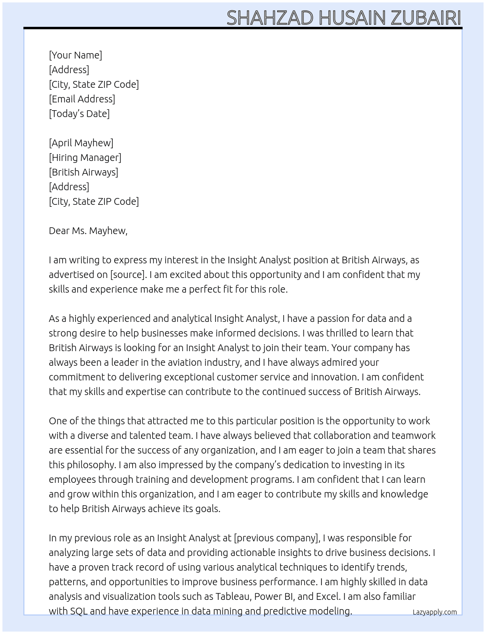 Insight Analyst At British Airways Cover Letter