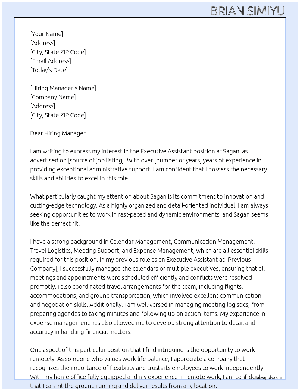 Executive Assistant At Sagan Cover Letter