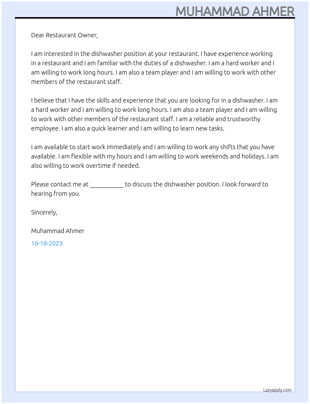 Dishwasher At Miller Tavern Bay Cover Letter