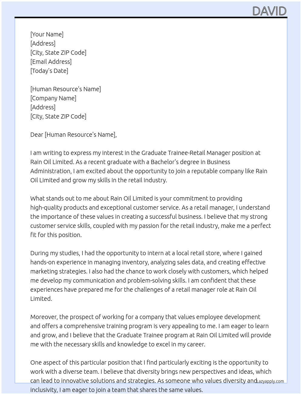 Graduate trainee-Retail manager  At Rain oil limited  Cover Letter