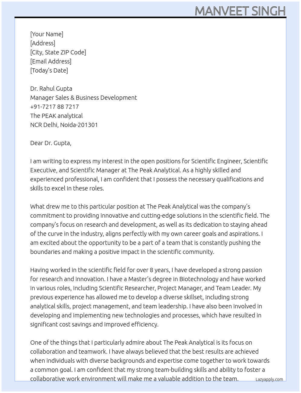 Scientific Engineer, Scientific Executive, Scientific Manager At The Peak Analytical  Cover Letter