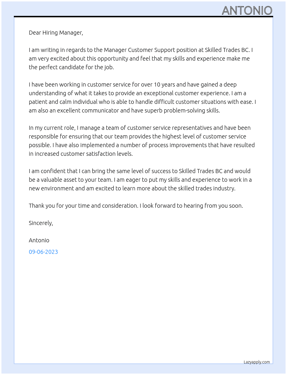 Manager Customer Support At Skilled Trades BC Cover Letter
