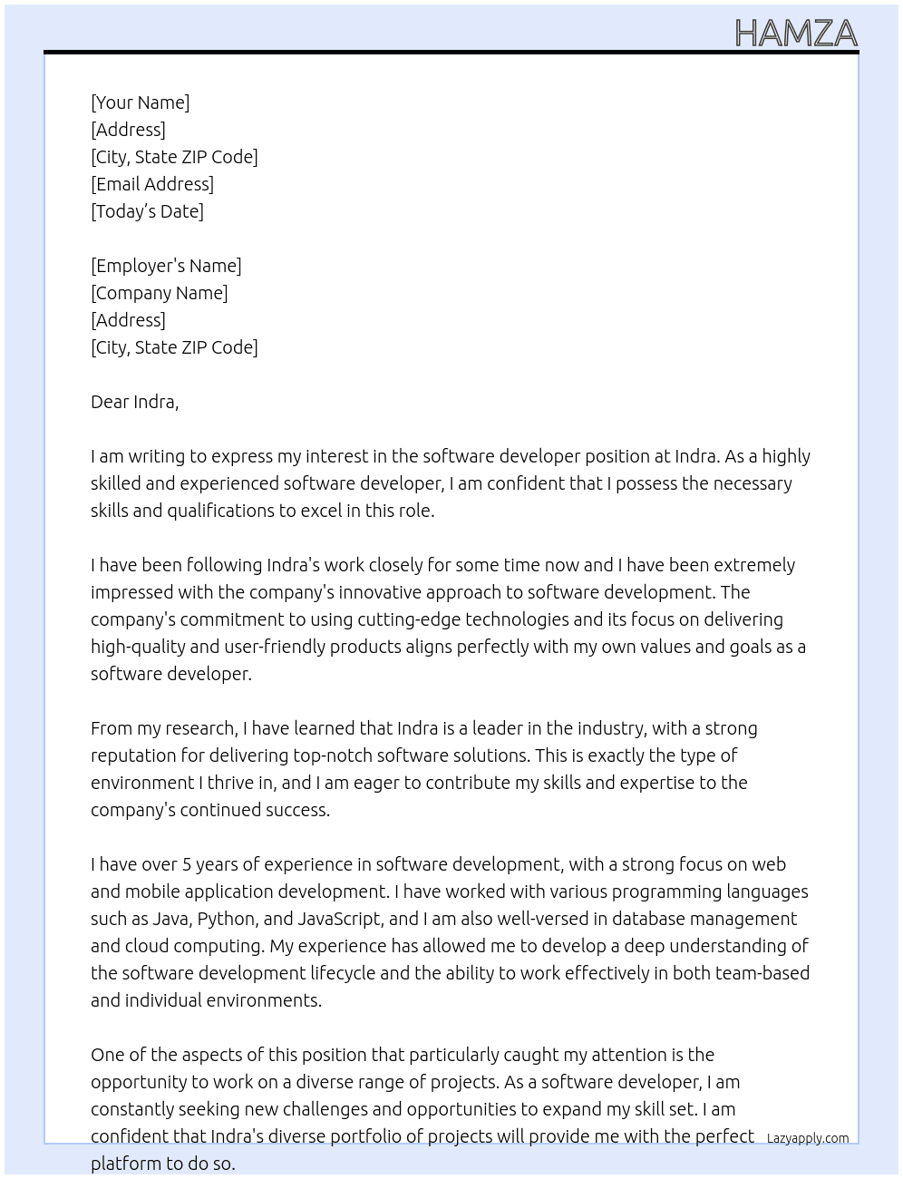 software developer At Indra Cover Letter