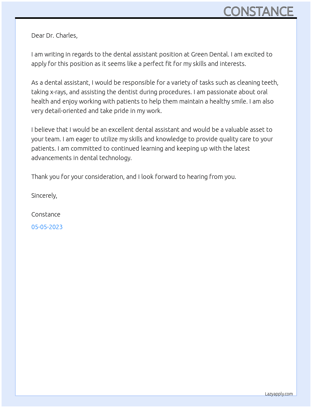 Dental Assistant  At Green Dental  Cover Letter