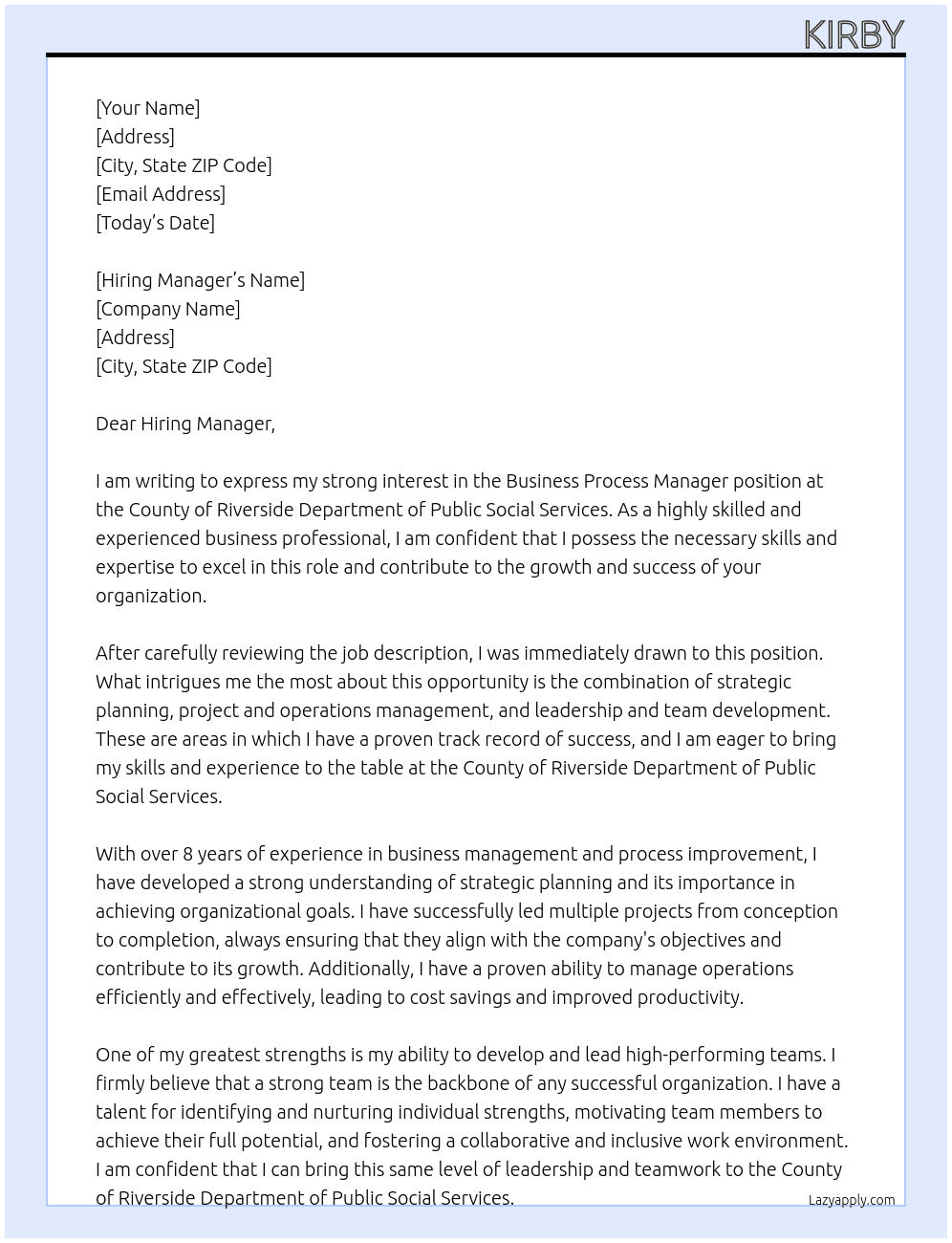 Business process manager At County of Riverside Department of Public Social Services Cover Letter