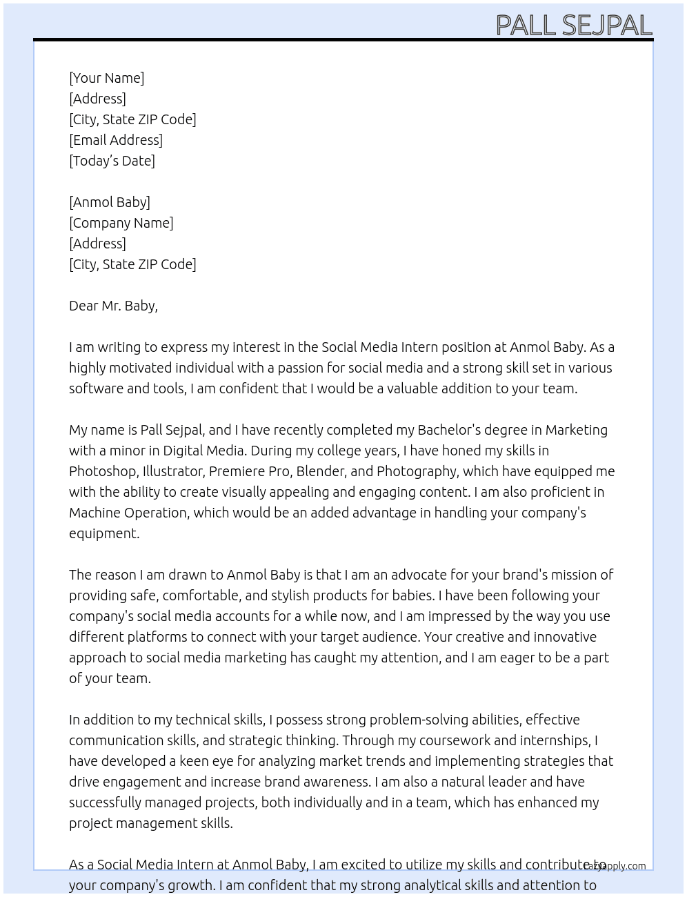 Social Media Intern At Anmol Baby Cover Letter
