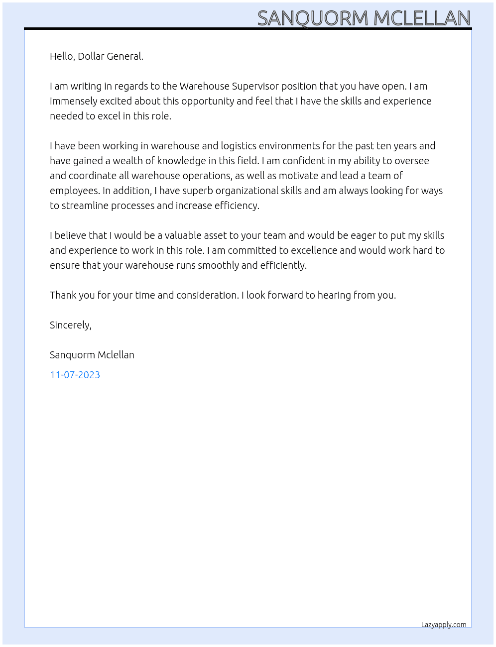 Warehouse Supervisor At Dollar General Cover Letter