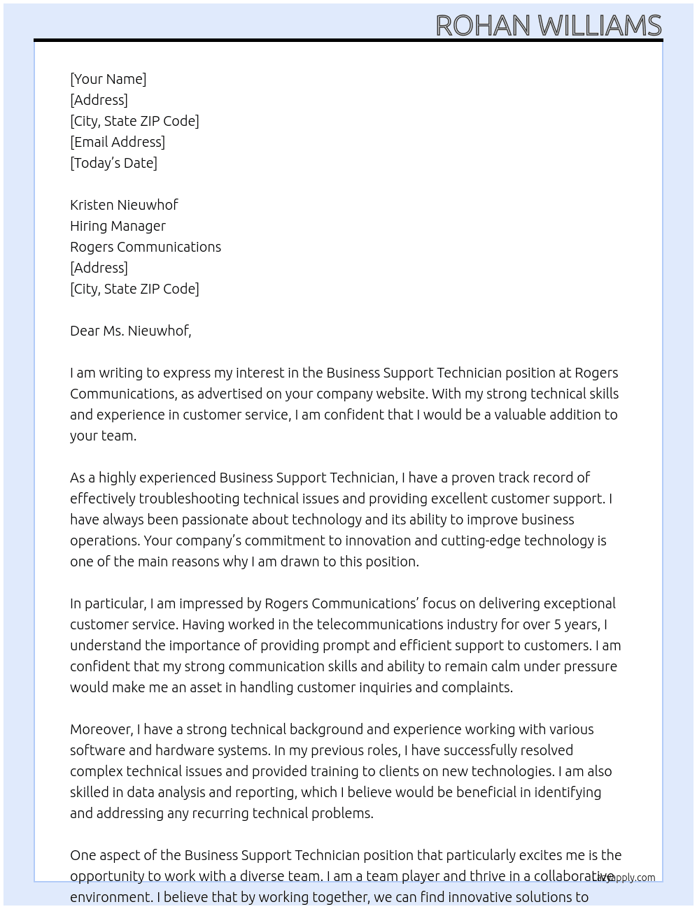 Business Support Technician At Rogers Communications Cover Letter