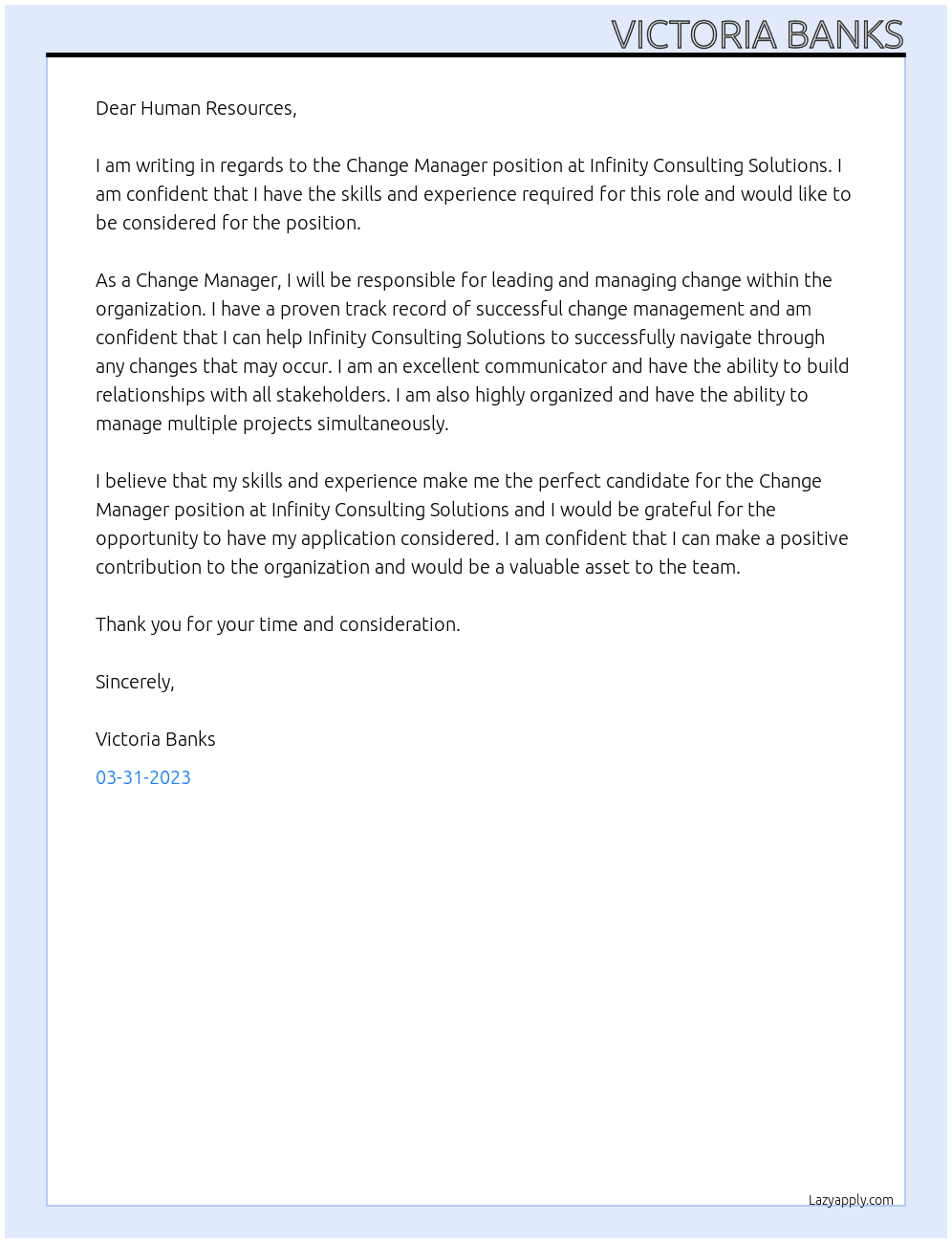 Change Manager At Infinity Consulting Solutions Cover Letter