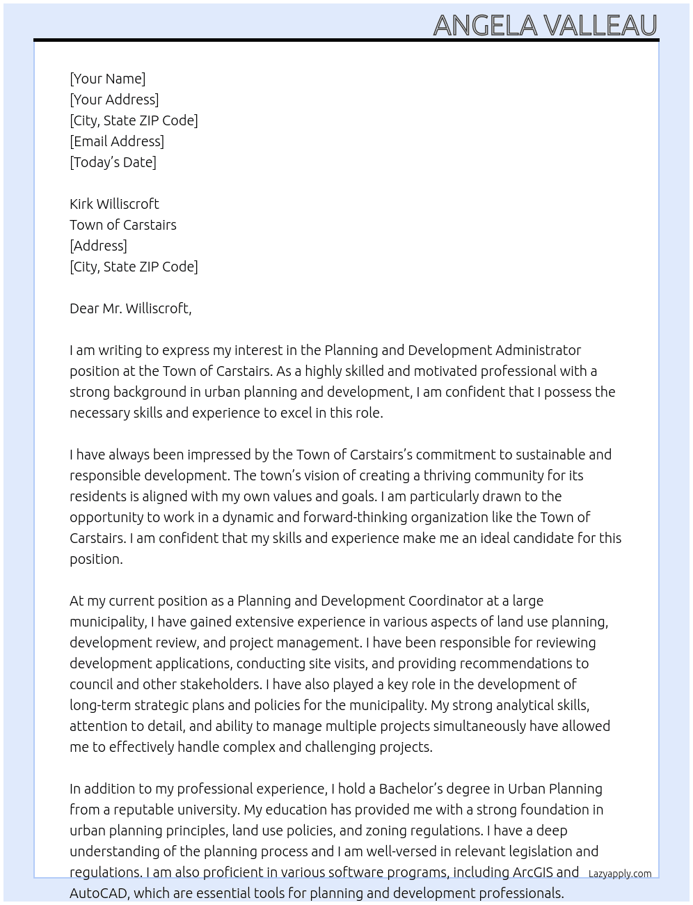 Planning and Development Administrator At Town of Carstairs Cover Letter