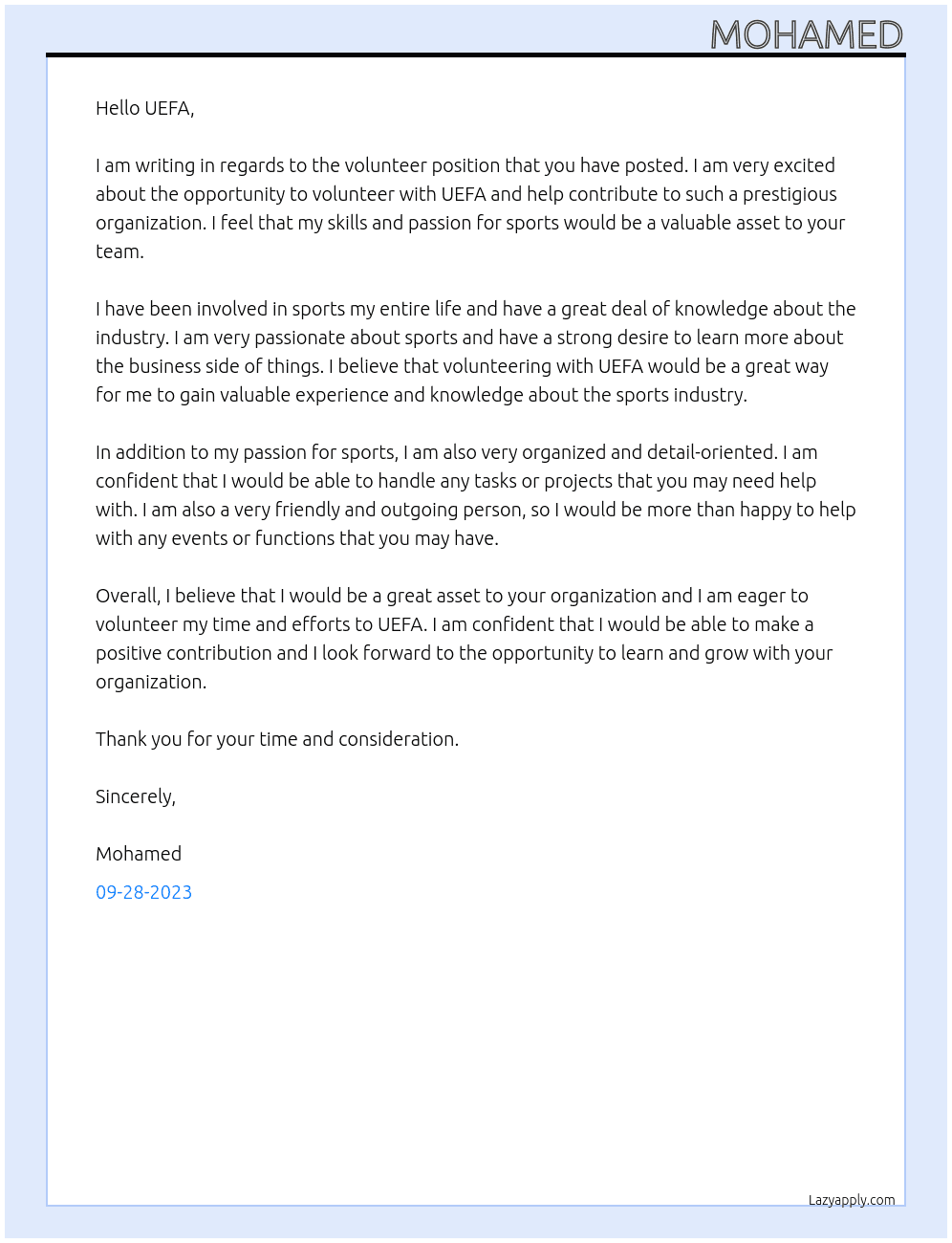 Volunteer  At UEFA Cover Letter