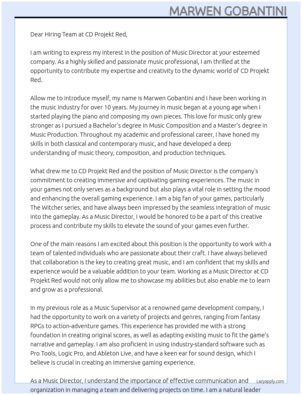 Music Director At CD Projekt Red Cover Letter