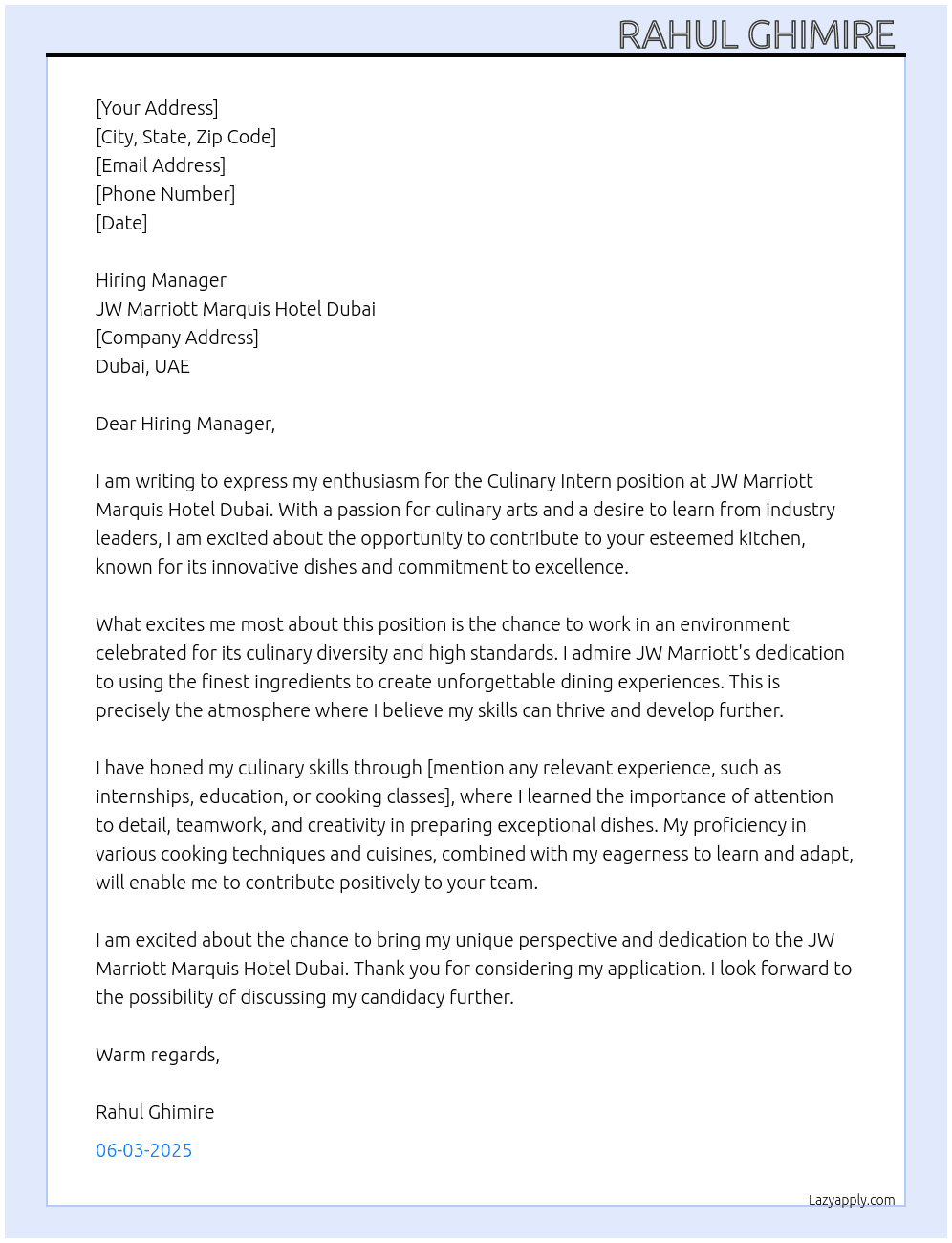 Cover letter for culinary intern - LazyApply